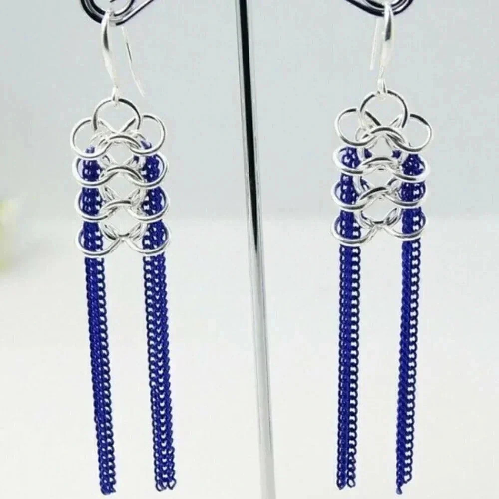 Handcrafted Long Shoulder Duster Metal Chain Earrings Silver Cobalt Blue